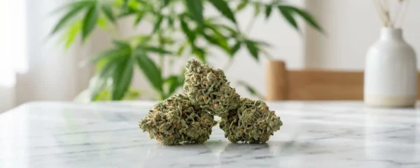 Fleurs de CBD premium manucurées sur une surface en marbre, symbolisant la qualité et le raffinement