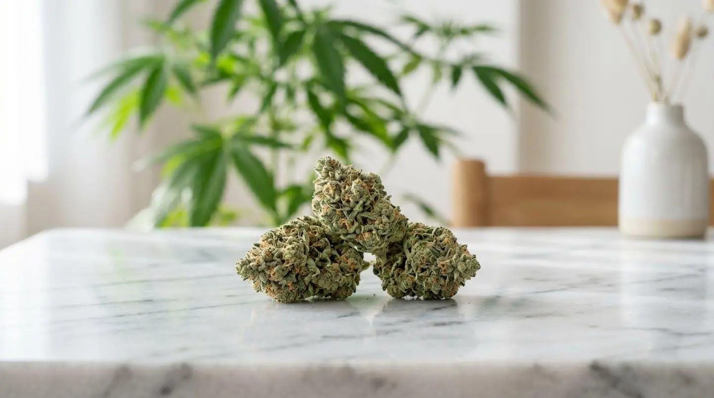 Fleurs de CBD premium manucurées sur une surface en marbre, symbolisant la qualité et le raffinement